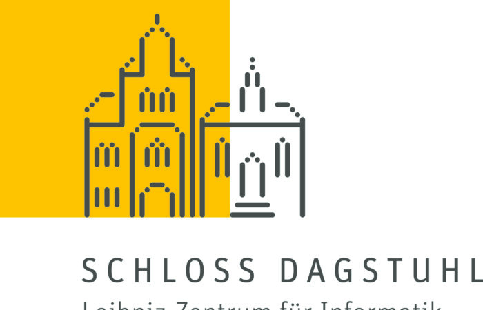 Bildzeichnung des Schloss Datsuhl auf weiß gelben Hintergrund mit darunter liegendem Schriftzug Schloss Dagstuhl, Leibniz-Zentrum für Informatik